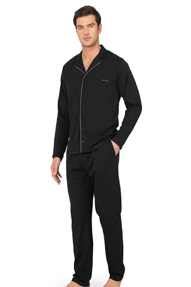 6140 Men's Black Long Sleeve Buttoned Shirt Collar Pajama Set