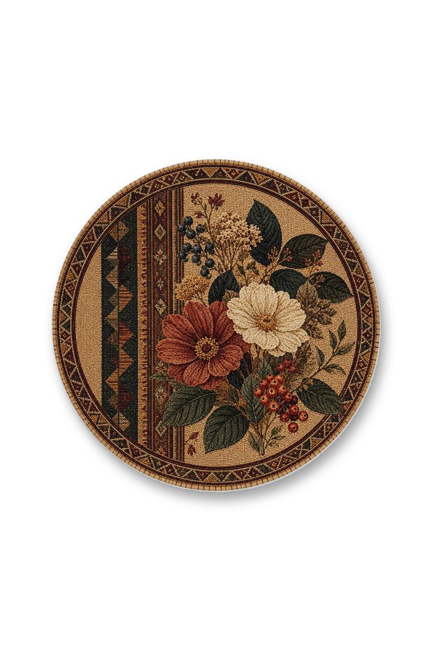 Sdt Floral Patterned Round Modern Woven Base Decorative Carpet Sdt1477