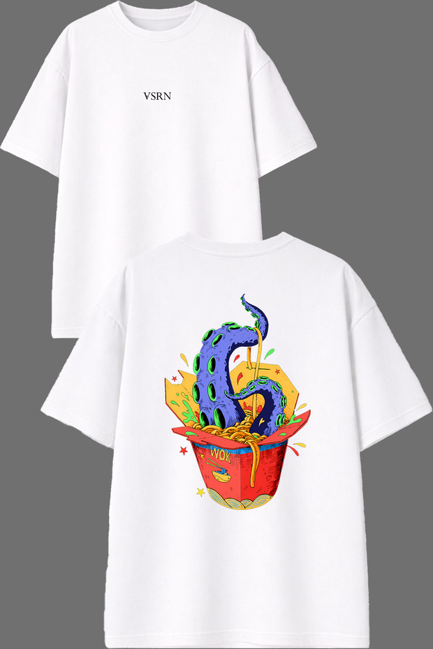 Octopus Pasta Design Front and Back Printed White Oversize T-Shirt