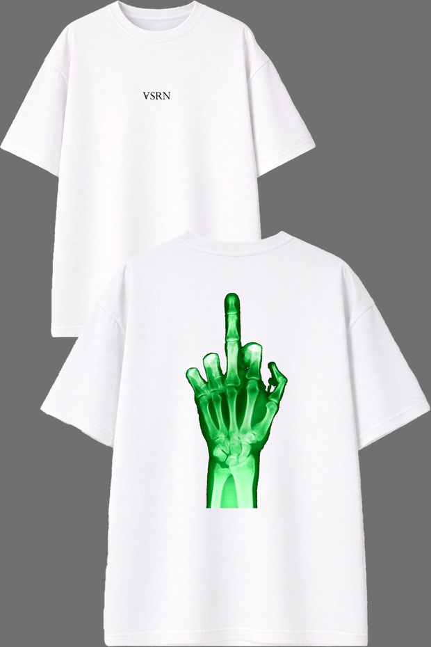 Green Middle Finger Design Front and Back Printed White Oversize T-Shirt