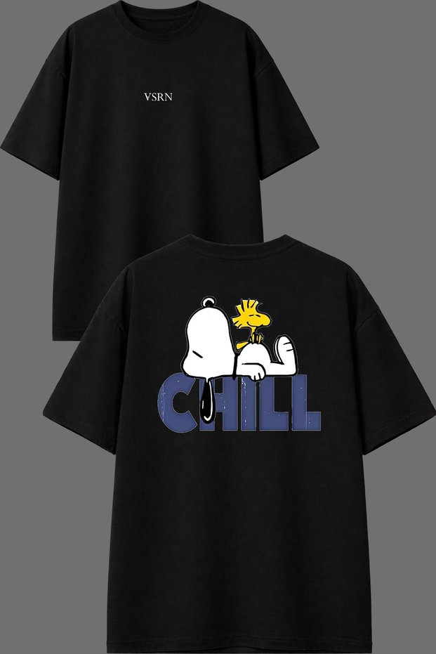 Chill Dog Design Front and Back Printed Black Oversize T-Shirt