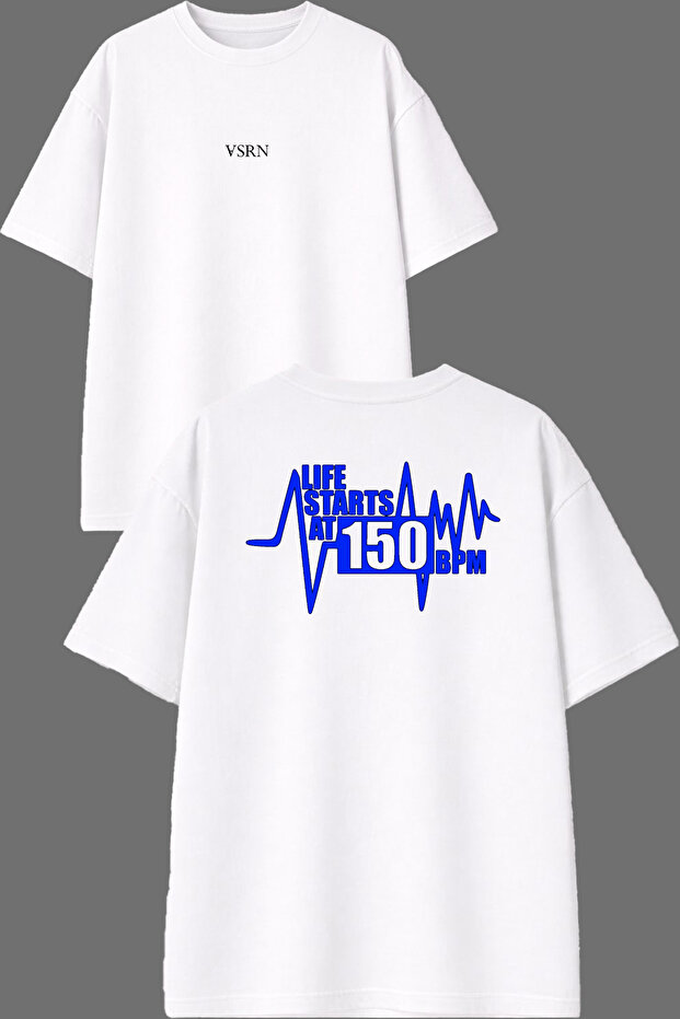 Life Star Techno 150 Bpm Design Front and Back Printed White Oversize t Shirt