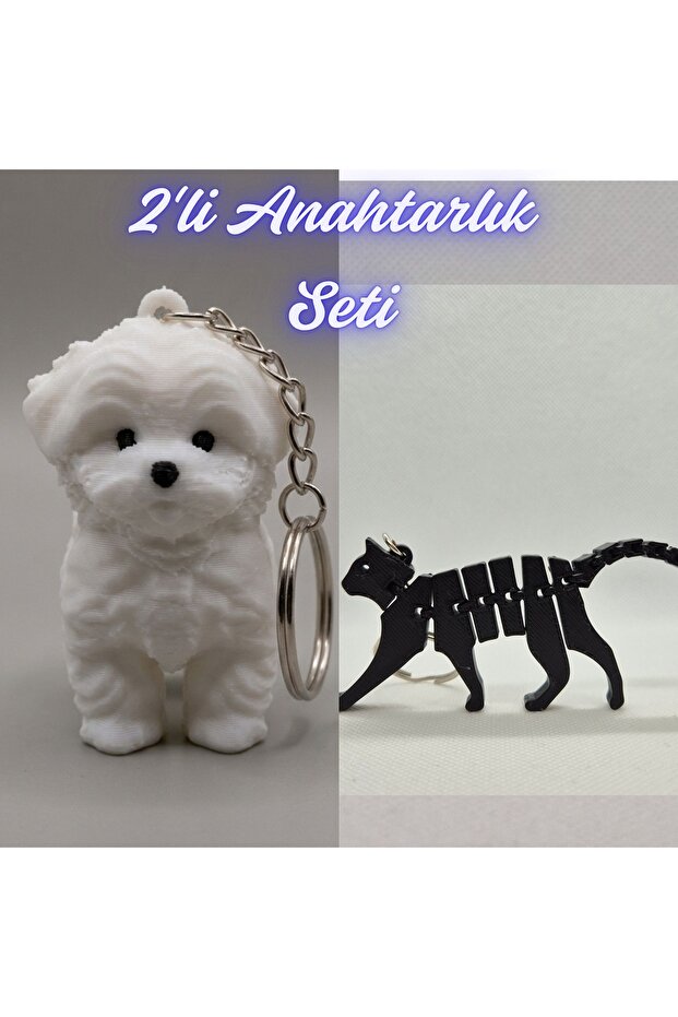 White Maltese Terrier and Black Flexible Cat Keychain