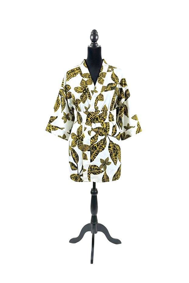 White Yellow Floral Patterned Midi Length Viscose Women's Kimono