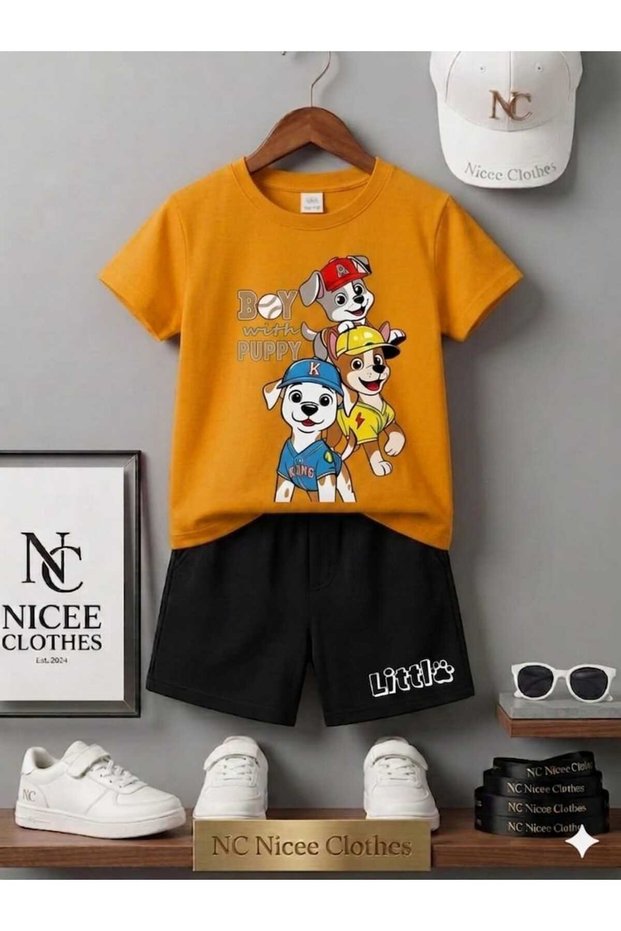 Summer Children's T-Shirt Shorts Unisex (3-Piece Dog Print)