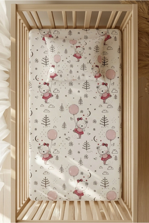 طقم ملاءات سرير مطاطية من القطن بنسبة 100% - سرير بارك بنمط دب وردي مع بالونات 70x120 35x45