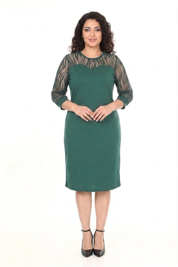 Women's Plus Size Green Tulle Collar Three Quarter Sleeve Midi Length Dress 12m-2389