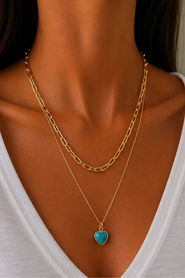 Gold color heart shaped double necklace