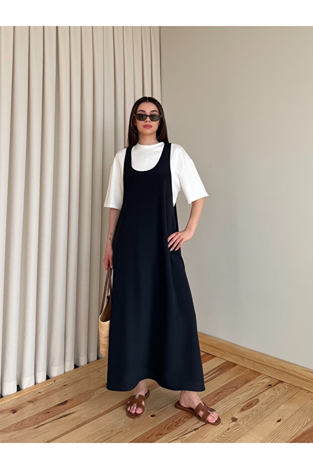 Navy Blue Ecru Tshirt Dress Set - 4131