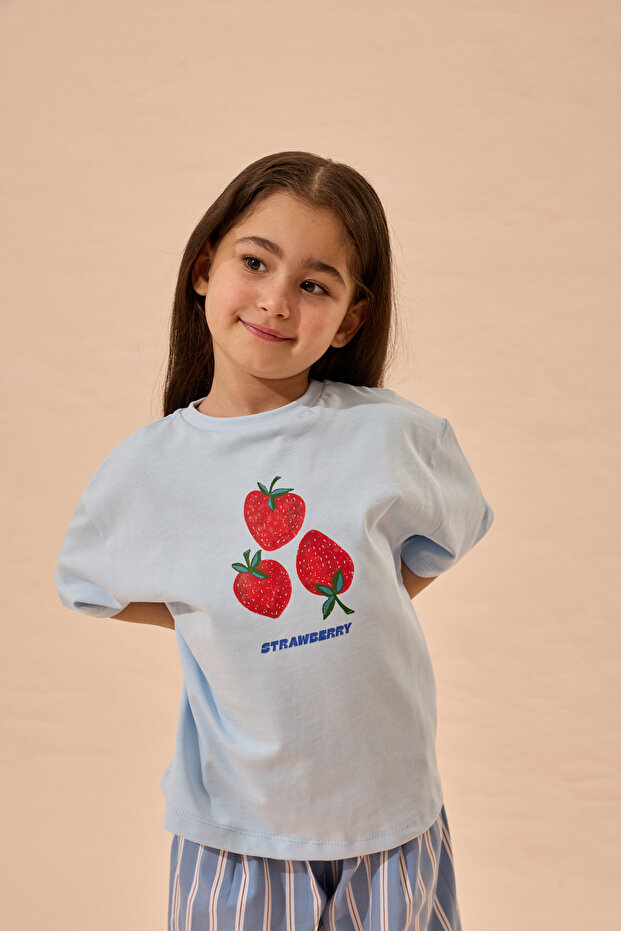 Strawberry Print Oversize Cotton T-Shirt Blue