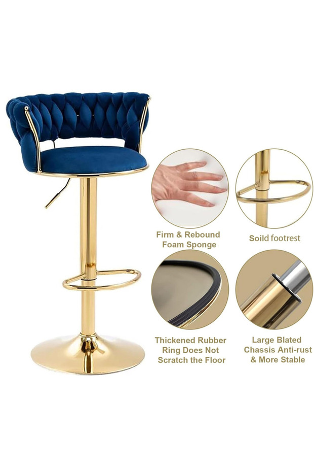 Adjustable Height Metal Frame Cushioned Bar Stool with Emerald Velvet Seat Blue