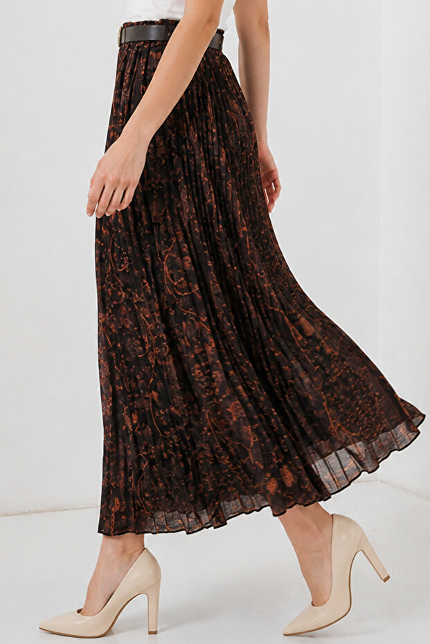 Belted Patterned Skirt B8074 Brown - 3