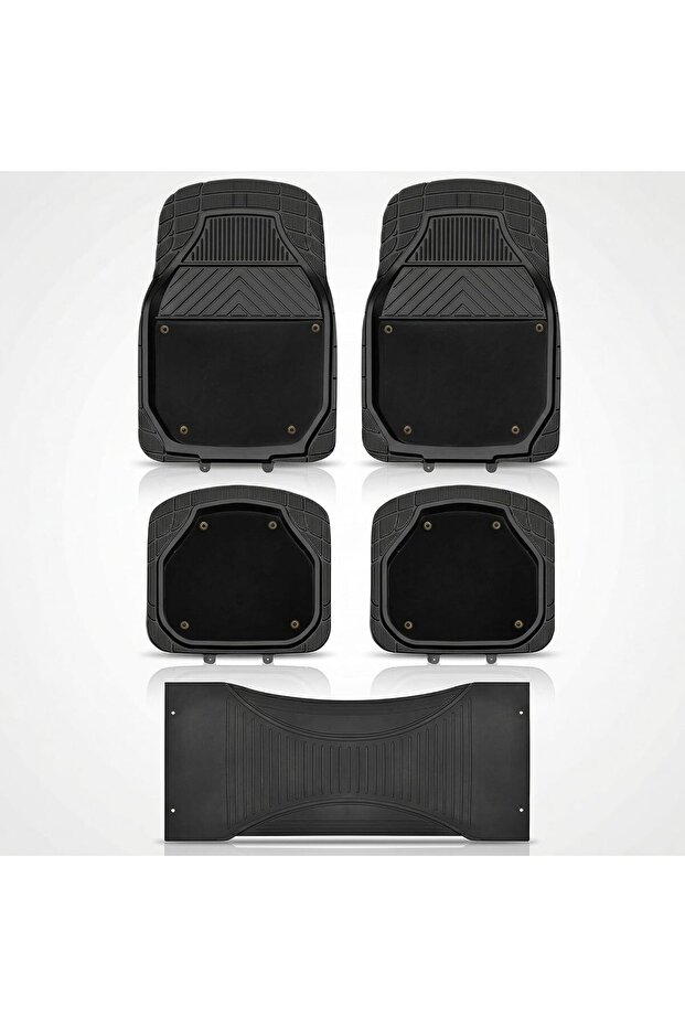 74 * 50cm 5 Pcs Set Car Floor Mats, Carpeted Floor Car Mat with black Rubber Design & Built-in Heel Pad, Anti-Slip Waterproof Car Mats, Front, Rear & Center Mats (Black)
