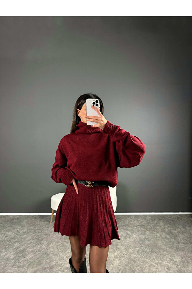 Turtleneck Sweater-Skirt Basic Top-Down Knitwear Set