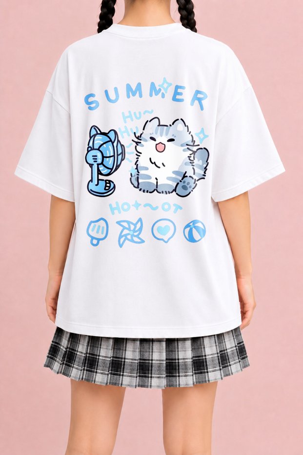 Women's Cute Summer Cat Printed Oversize Crew Neck Cotton Casual Combed Cotton T-Shirt