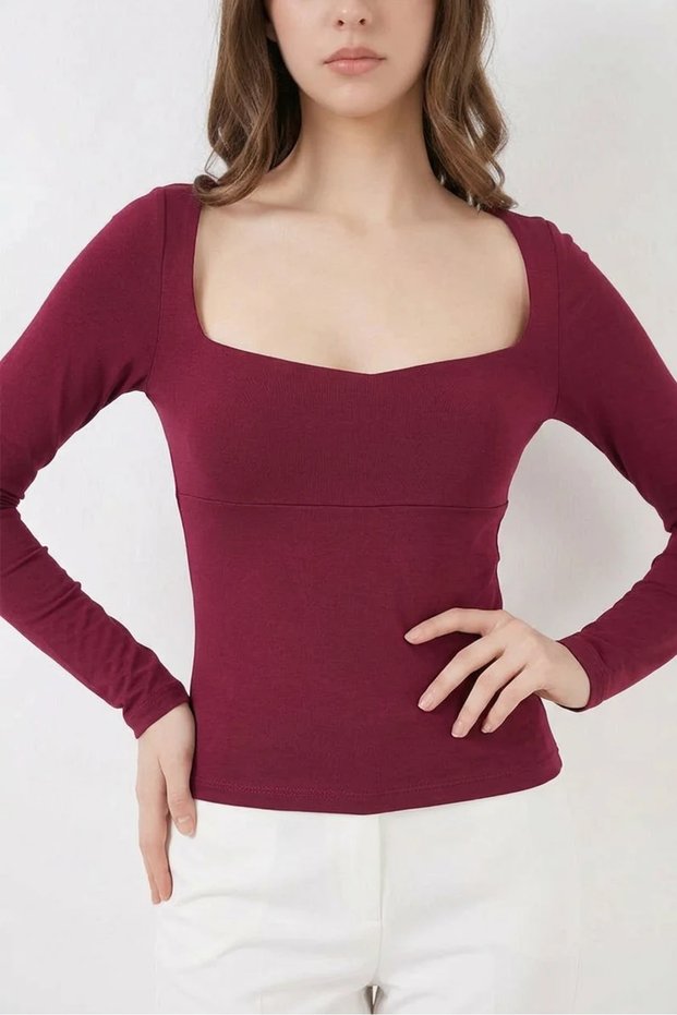 Women's Square Collar Slim Fit Burgundy Blouse