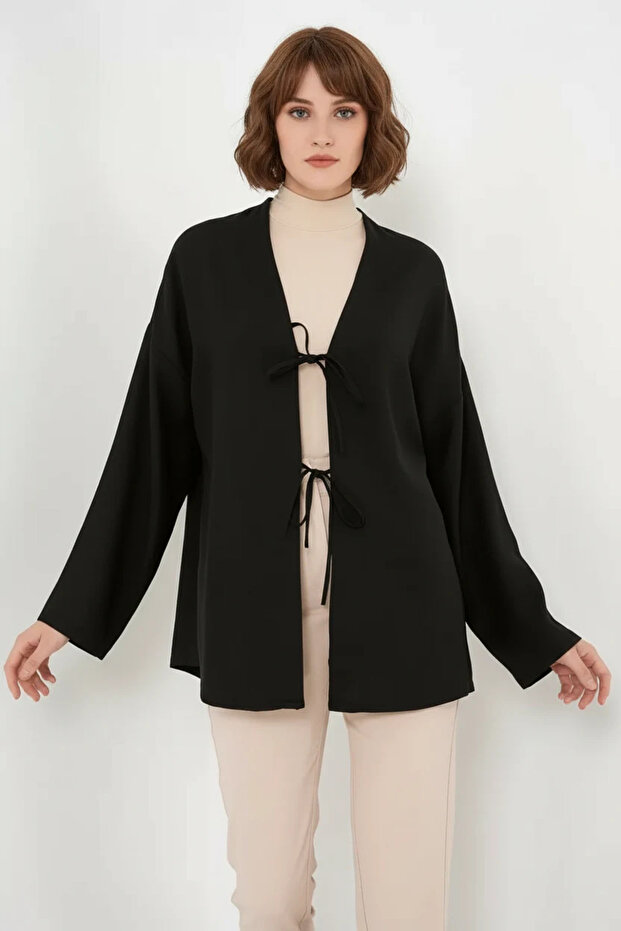 Women's Lace-Up Viscose Black Hijab Kimono