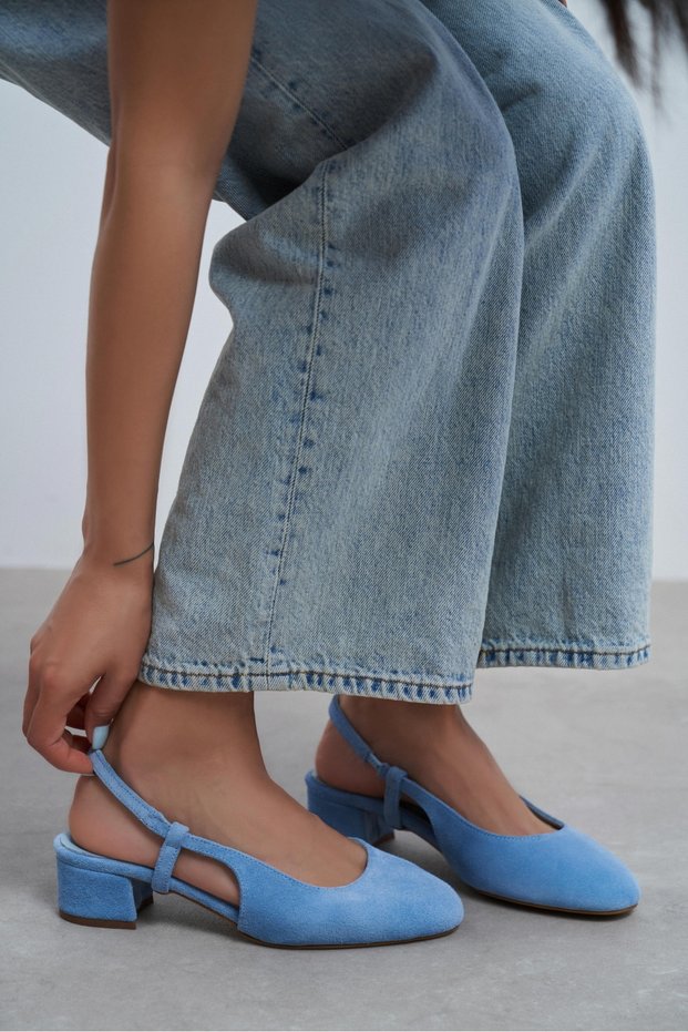 Harmony Baby Blue Suede Genuine Leather Round Toe Rubber Detail Short Heeled Women's Ballerinas