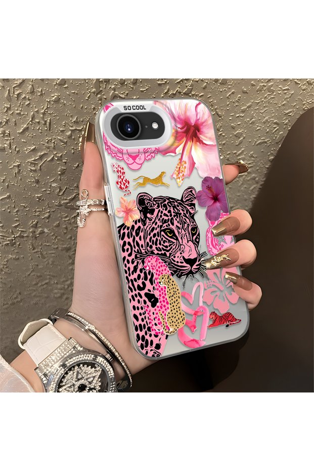 iPhone 16E Compatible Silicone Edge Hard Back Case Couple Phone Case Leopard Pattern