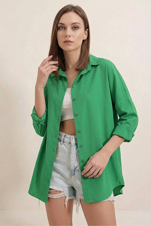 Women's Oversize Cut Basic Cotton Green Shirt