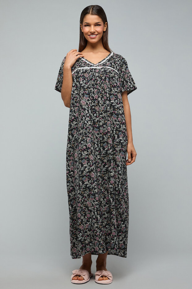 Printed Nightgown with V-Neck and Short Sleeves
