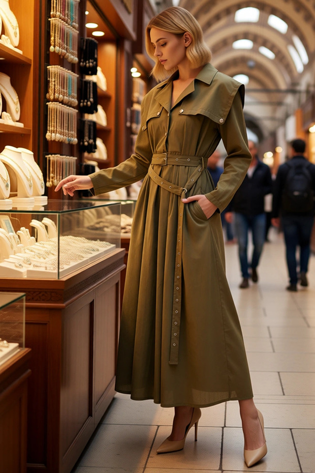 Women's Maxi Length Jacket Collar Long Sleeve Skater Cut Belt Detailed Poplin Dress Daily Casual Modern