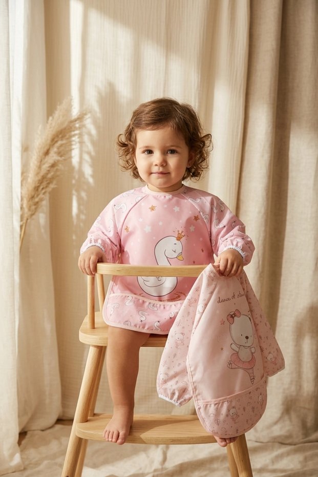 Baby Girl Waterproof Bibs with Sleeves Set of 2 - Stain-Proof, Liquid-Proof, Elastic Cuff, Swan