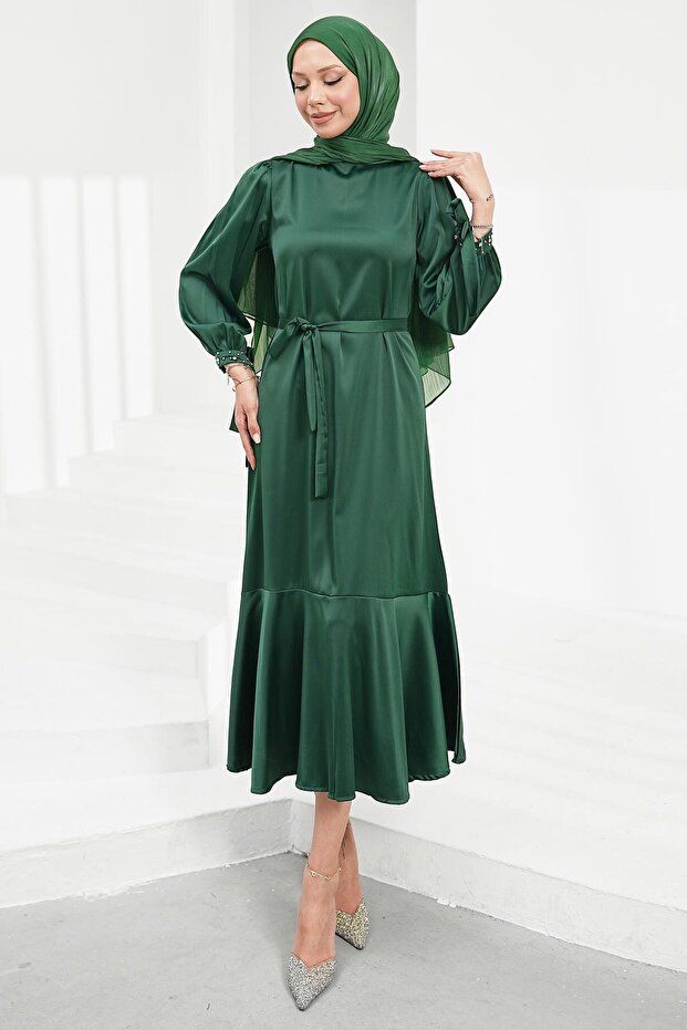 Emerald Green Stone Detailed Skirt with Flounces Satin Evening Dress
