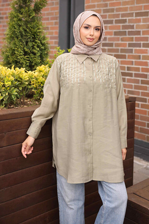Khaki Sequin Embroidered Shirt