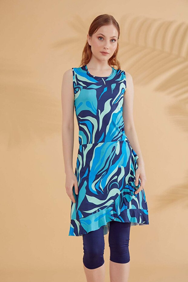 Semi-Closed Hijab Swimsuit Set Navy Blue Patterned 3 Piece – M2373