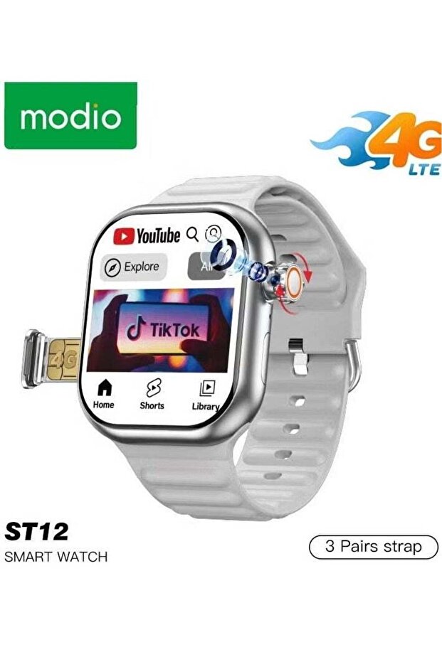 ST12 Smart Watch 2.2-Inch Full Screen Display 4G SIM Support 3 Interchangeable Straps & Wireless Charger – Silver For Men and Women