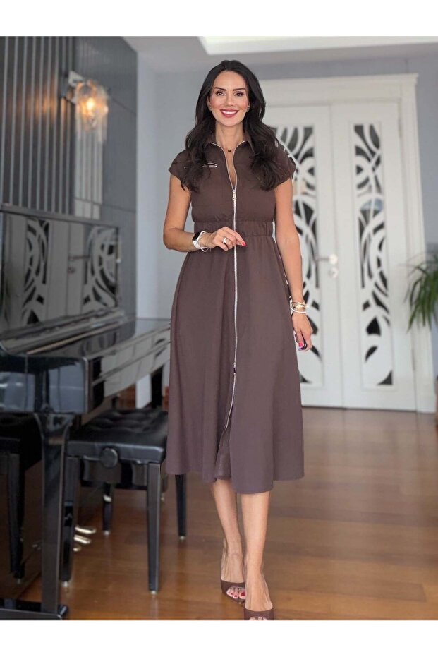 Brown Zip-Front Sleeveless Dress