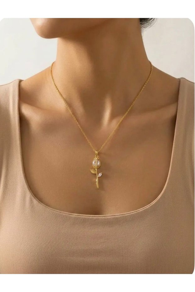 316L Steel Chain Gold Color Tulip Detailed Women's Necklace