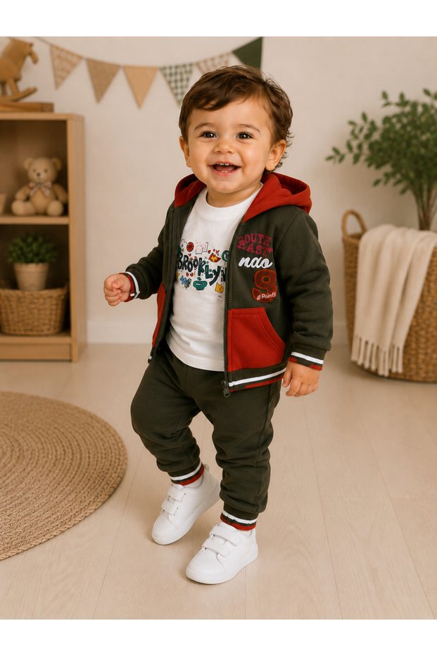 Baby Boy Khaki Hooded Cardigan 3-Piece Set Cotton Tracksuit Set