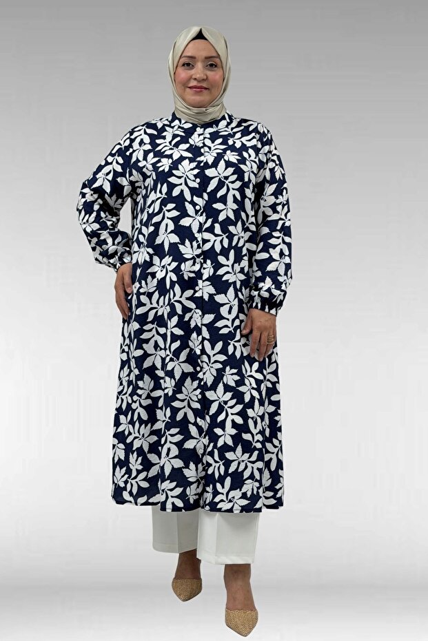 68046 Plus Size High Neck Buttoned Mango Tunic - Leaf Patterned Navy Blue