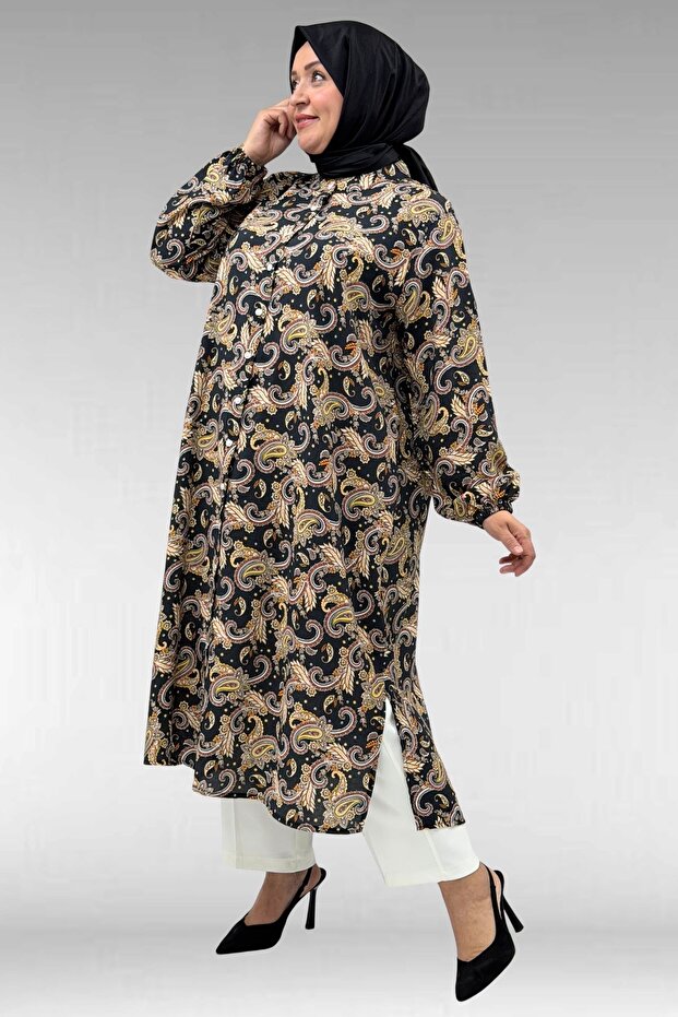 68046 Plus Size High Neck Buttoned Mango Tunic - Ethnic Pattern Black