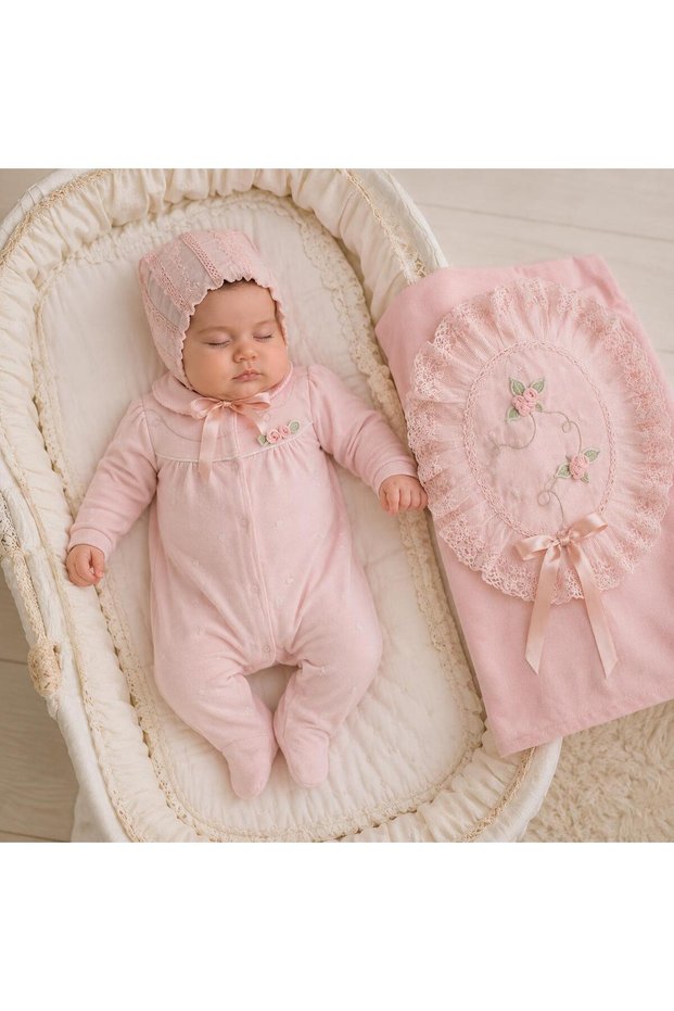 Rose 0-3 Months Cotton Baby Girl Embroidered Jumpsuit Hat Blanket Hospital Release Set of 3