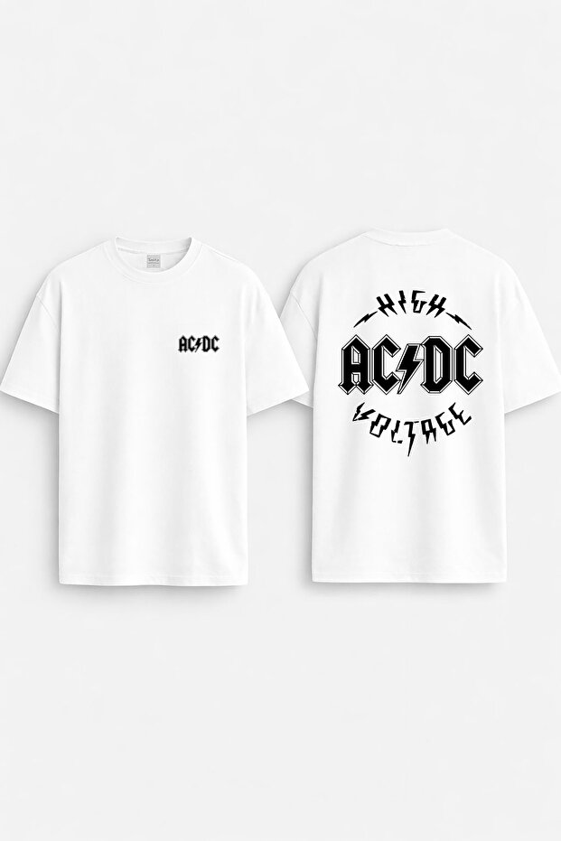 Ac Dc Printed Crew Neck Oversize White T-Shirt T-Shirt
