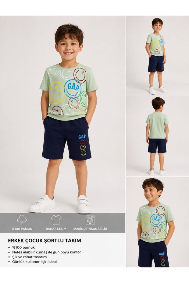 Boys' Colorful Smiley Face Printed Shorts T-Shirt Set Relaxed Fit