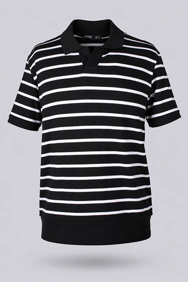 Collared Striped Men's T-Shirt 4045 Black-Ecru Striped