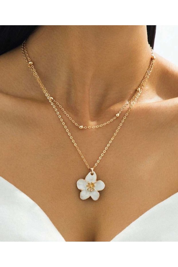 Women's Double Row Chain Ecru Enamel Flower Necklace