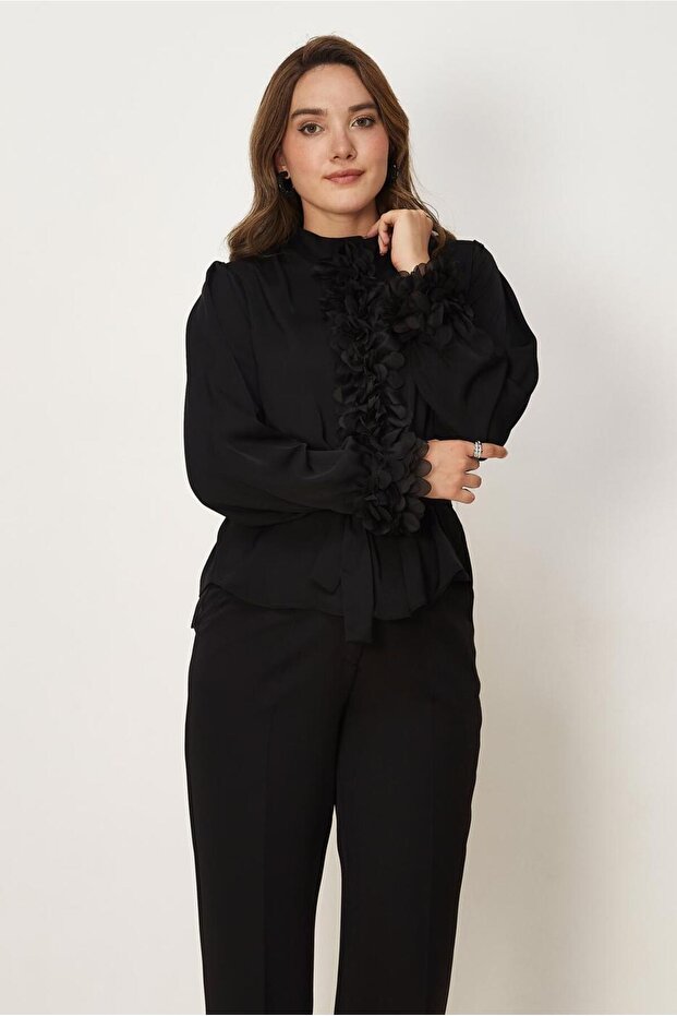 Ruffled Satin Blouse with Belt 46485