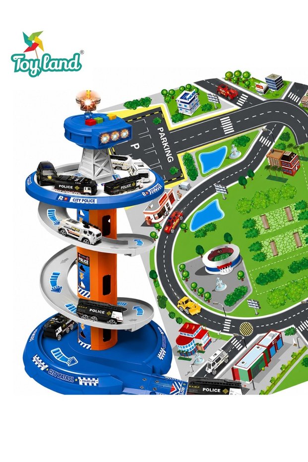 Kids Police Parking Garage Playset 3-Level Car Ramp Track with 3 Police Vehicles, Traffic Signs, City Play Mat & DIY Assembly Educational Toy