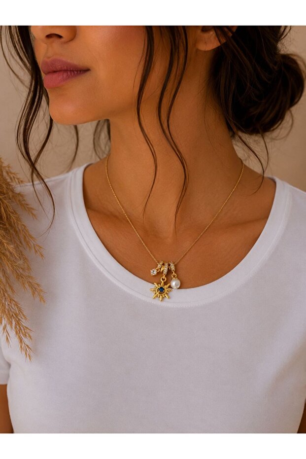 Steel Necklace with Sun and Pearl Charms