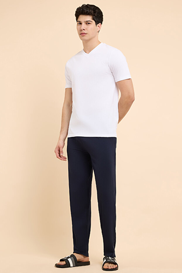 Solid Lounge Pants with Drawstring Waist - 1