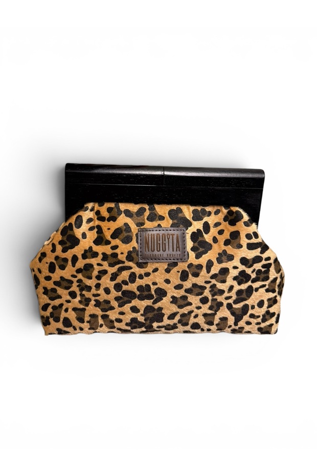 Wooden Clutch/Portfolio (Hand/Shoulder Bag) Black Leopard Patterned Imported Furry Fabric