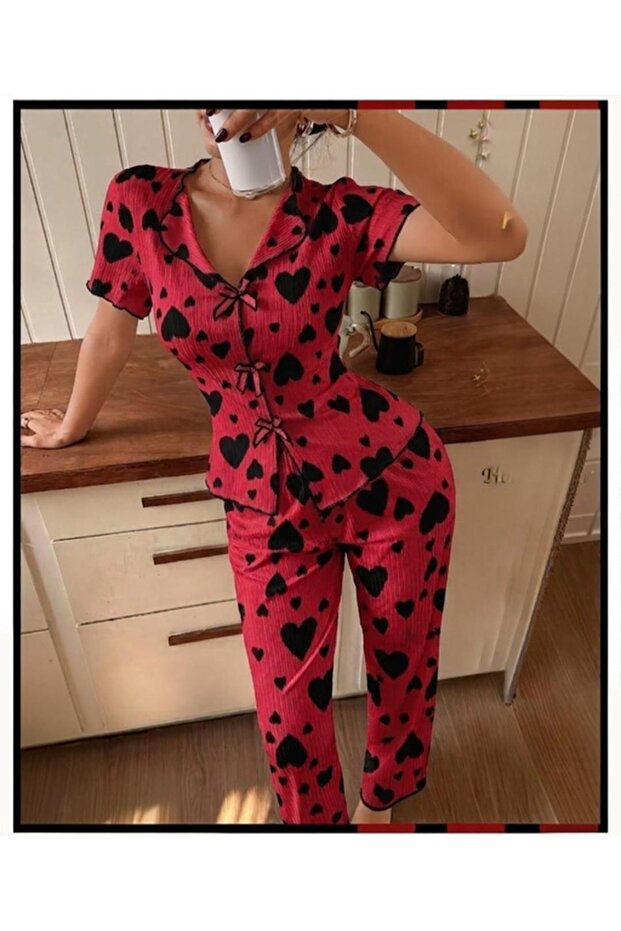 Women's Short Sleeve Heart Pattern Pajamas Set