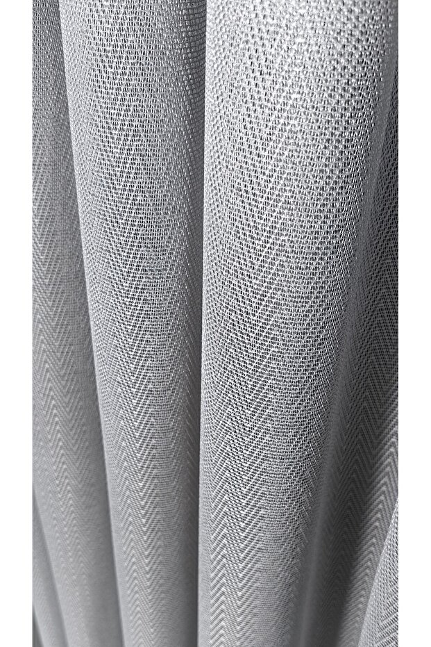 Gray Herringbone Patterned 1/2.5 Medium Pile Tulle Curtain, Wrinkle-Free, Non-Iron, with Lead Weighted Hem