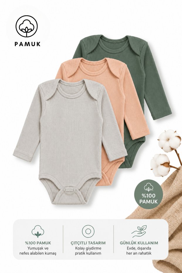 Baby Boy/Girl 3-Piece Set Cotton Seasonal Long Sleeve Bodysuit with Snap Fasteners