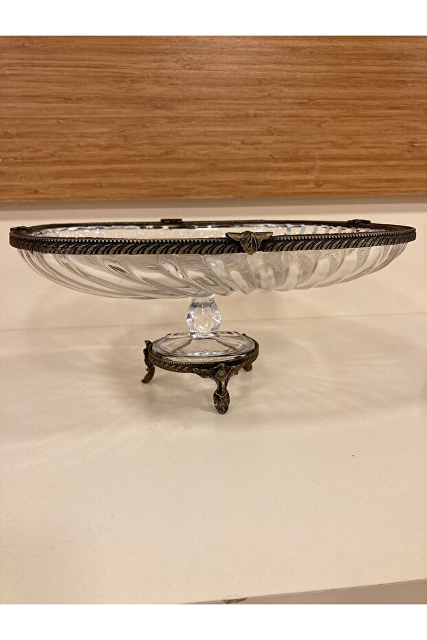 Presentation Service Stand Square Flat Model Cut Glass Cast Brass Color Antique Aged Diameter 24X24 cm Height 12 cm